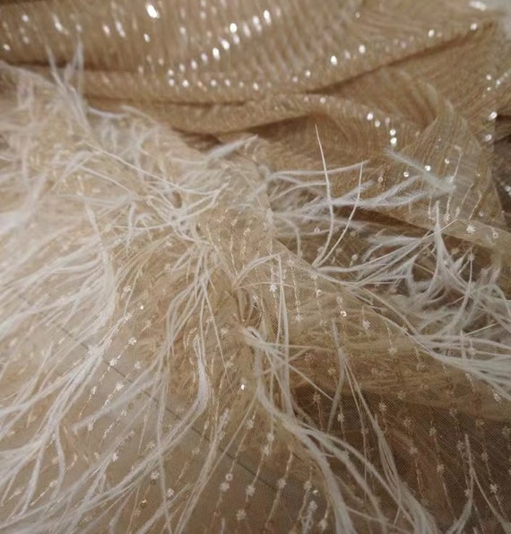 Rose Gold Luxury Ostrich Feather Mesh Lace Fabric 3D Feathers Sequin On Mesh Prom Fabric Bridal Evening Dress Quinceanera Gown Fashion