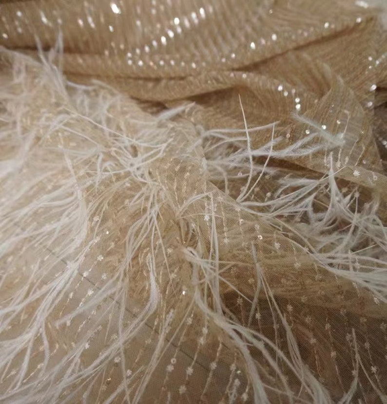 Rose Gold Luxury Ostrich Feather Mesh Lace Fabric 3D Feathers Sequin On Mesh Prom Fabric Bridal Evening Dress Quinceanera Gown Fashion image 1