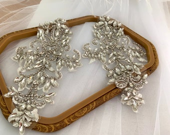 Rhinestones Silver Crystal Rhinestone Wedding Applique Beaded Patch Trim Sew On For Wedding Dresses