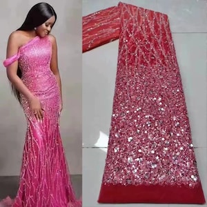 1 yard Red Sequins Tulle Lace Green African Sequence Lace Fabric with Beads High Quality Nigerian French Mesh Net Lace Fabric