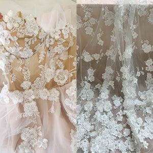 Off White Wedding Dress Lace Fabric 3D Flowers Beaded Fabric Pan Flower Lace Bridal Dress