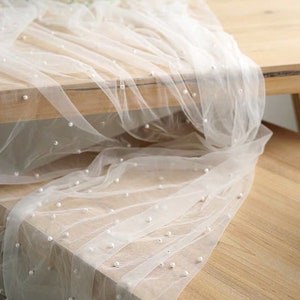 1 Yard Tulle Lace Fabric With Pearls  Off White Pearl Tulle Fabric Bridal Veils Tulle Fabric,DIY Wedding Pearls Tulle Materials