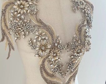 Delicate Phoenix Rhinestone Beaded Applique Light Brown Crystal Bridal Gown Bodice Cape Couture Crystal Applique