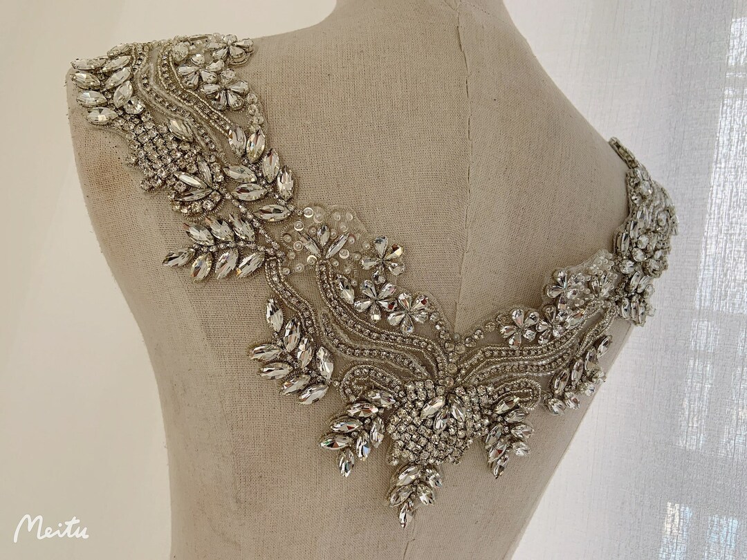 Silver Rhinestones Applique Collar Wedding Gown Applique 1 PC Crystal ...