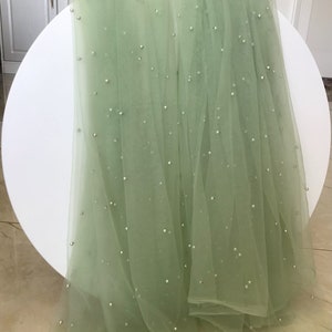 160CM WideHeight Light Blue Pearls Net Tulle Mesh Lace Luxury Bride's Face Veil Lace Fabric Material Sewing Decor green