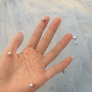 160CM WideHeight Light Blue Pearls Net Tulle Mesh Lace Luxury Bride's Face Veil Lace Fabric Material Sewing Decor image 2