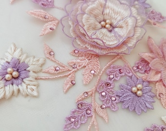 1 Piece Pink 3D Beaded Lace Patch Bridal Lace Applique for Wedding Dress Baby Clothes Belly Dance Wedding Dress Applique