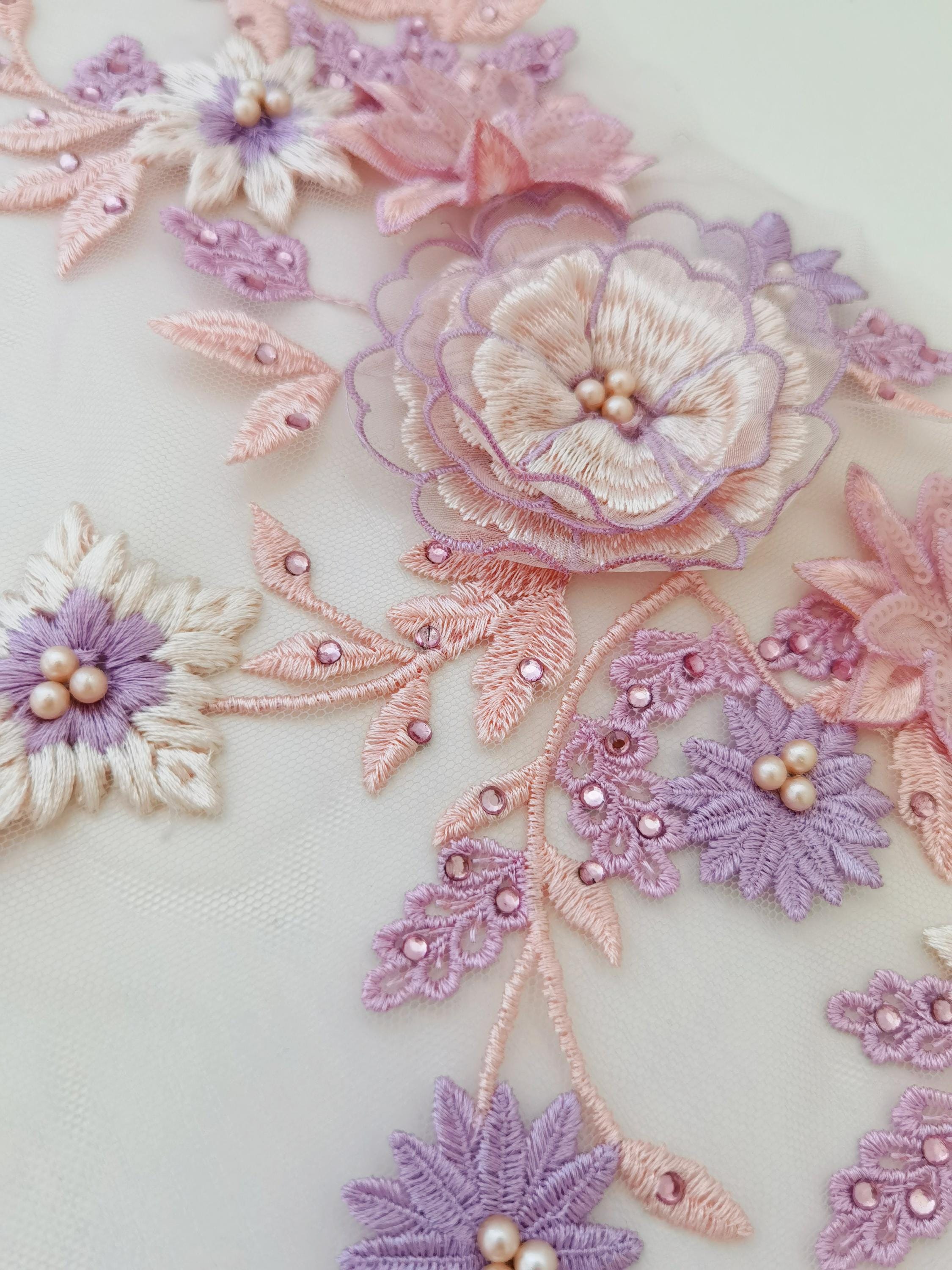 1 Piece Pink 3D Beaded Lace Patch Bridal Lace Applique for Wedding ...