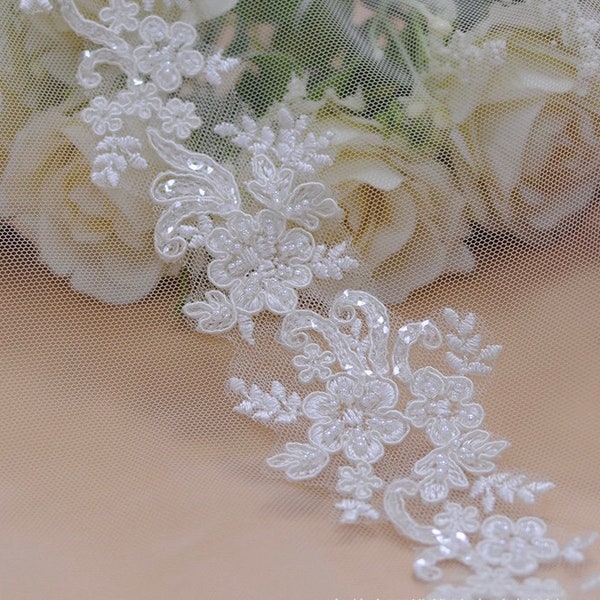 3 Yards Bridal Alencon Lace For Bridal Veil Bridal Dress Sequined Lace Trim  Pearl Beaded Lace Trim