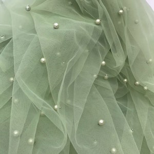 160CM WideHeight Light Blue Pearls Net Tulle Mesh Lace Luxury Bride's Face Veil Lace Fabric Material Sewing Decor image 7