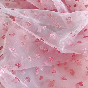 Pink Tulle Lace Fabric With Glitter Hearts Soft Bridal Veil Tulle For Bridal Wedding Gown