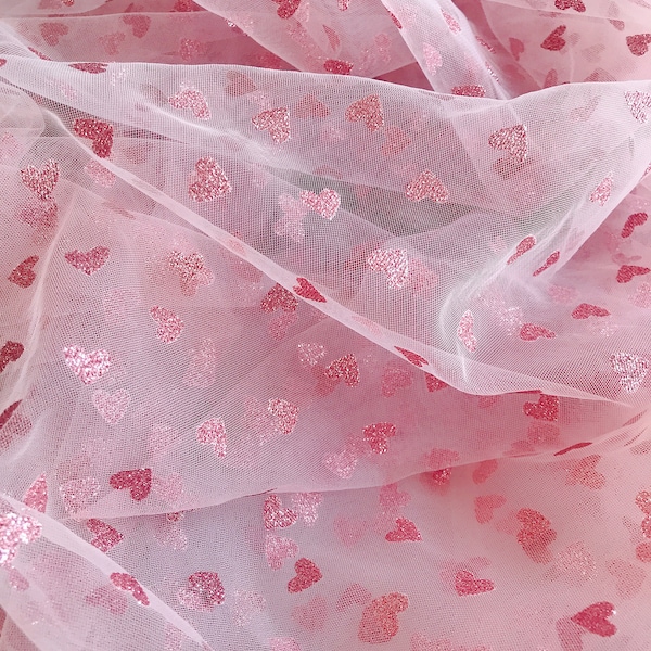 Pink Tulle Lace Fabric With Glitter Hearts Soft Bridal Veil Tulle For Bridal Wedding Gown