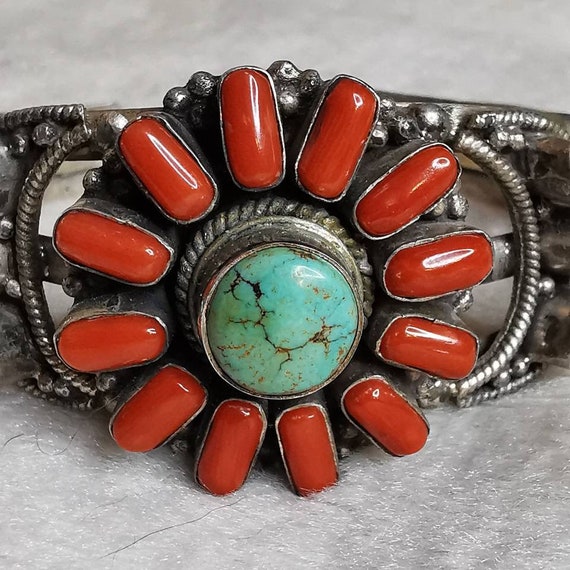 American Sterling Silver Turquoise Coral Bracelet… - image 9