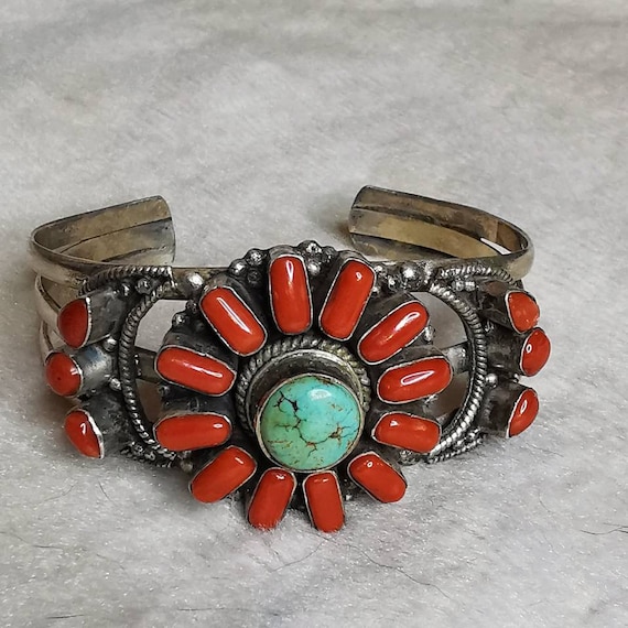 American Sterling Silver Turquoise Coral Bracelet… - image 3