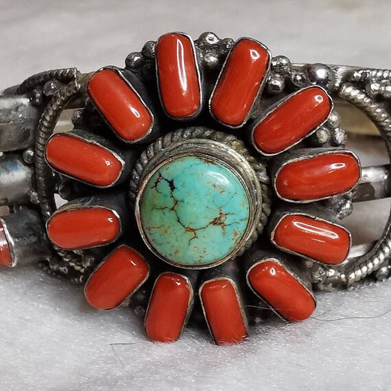 American Sterling Silver Turquoise Coral Bracelet… - image 2