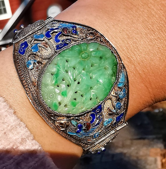 Chinese Filigree Jadeite Bracelet  Antique Sterlin
