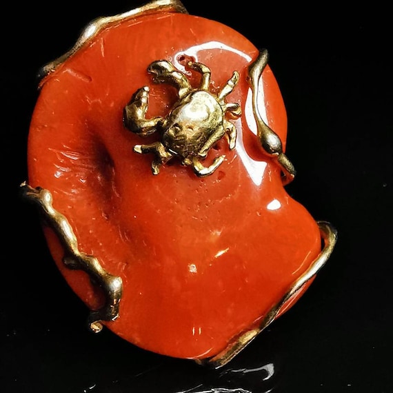 Natural Sterling Silver Gold Plated Coral Ring - image 1