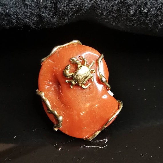 Natural Sterling Silver Gold Plated Coral Ring - image 8