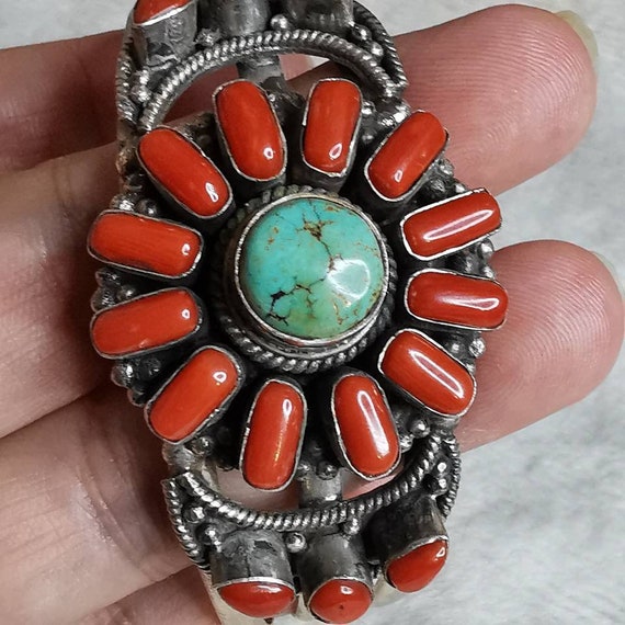 American Sterling Silver Turquoise Coral Bracelet… - image 4