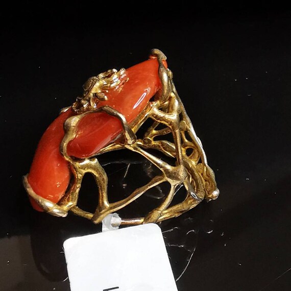 Natural Sterling Silver Gold Plated Coral Ring - image 6