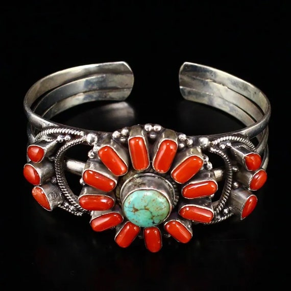 American Sterling Silver Turquoise Coral Bracelet… - image 1
