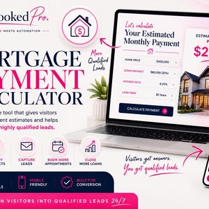 Könnte beinhalten: Eine digitale Marketinggrafik für ein Hypothekenrechner-Tool. Die Anzeige zeigt einen Laptop- und Smartphone-Bildschirm mit finanziellen Eingabefeldern, Hausbildern und Text, einschließlich Be A Booked Pro, Mortgage Payment Calculator und 2.345 $/Monat.