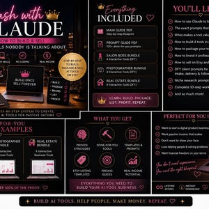 May include: A digital marketing guide titled Cash with CLAUDE featuring a step-by-step system to build and sell AI tools. The image displays text lists of included bundles, learning objectives, and business strategies on a dark background with pink accents.