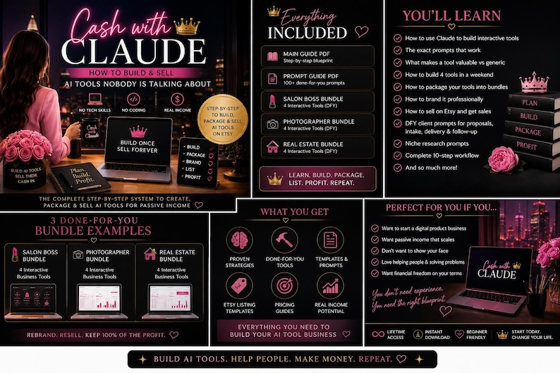 May include: A digital marketing guide titled Cash with CLAUDE featuring a step-by-step system to build and sell AI tools. The image displays text lists of included bundles, learning objectives, and business strategies on a dark background with pink accents.