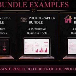 May include: A digital graphic displaying three laptop screens showing business dashboards labelled Salon Boss Bundle, Photographer Bundle, and Real Estate Bundle. Each bundle includes 4 interactive business tools. Text reads: REBRAND. RESELL. KEEP 100% OF THE PROFIT.