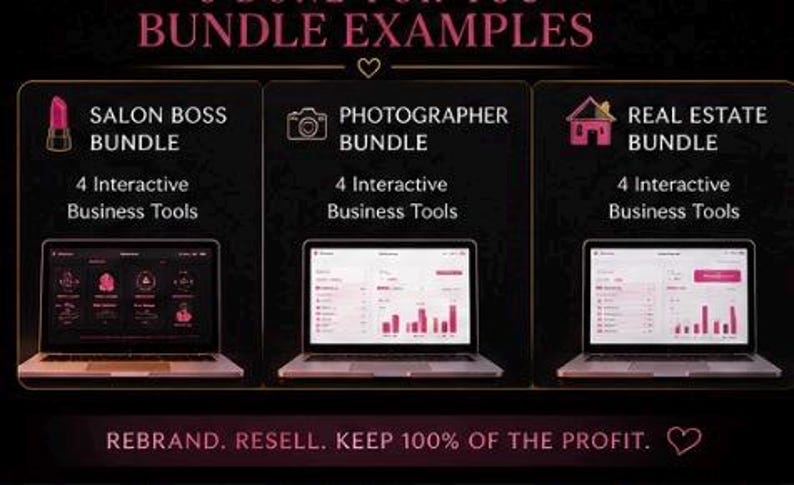 May include: A digital graphic displaying three laptop screens showing business dashboards labelled Salon Boss Bundle, Photographer Bundle, and Real Estate Bundle. Each bundle includes 4 interactive business tools. Text reads: REBRAND. RESELL. KEEP 100% OF THE PROFIT.