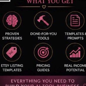 May include: A black graphic with pink icons and text titled WHAT YOU GET. It lists Proven Strategies, Done-For-You Tools, Templates & Prompts, Etsy Listing Templates, Pricing Guides, and Real Income Potential. Bottom text: EVERYTHING YOU NEED TO BUILD YOUR AI TOOL BUSINESS.