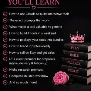 May include: A black background features the pink text YOU'LL LEARN followed by a list of eleven bullet points detailing course content. To the right, a stack of four black books labelled PLAN, BUILD, PACKAGE, and PROFIT is topped by a pink crown.