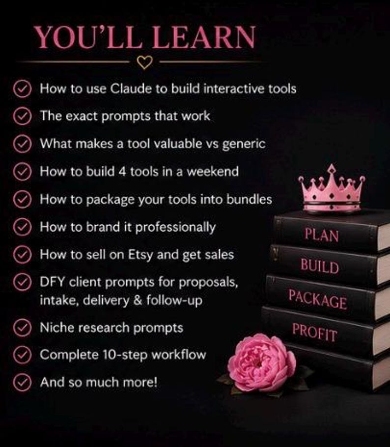 May include: A black background features the pink text YOU'LL LEARN followed by a list of eleven bullet points detailing course content. To the right, a stack of four black books labelled PLAN, BUILD, PACKAGE, and PROFIT is topped by a pink crown.