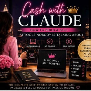 May include: A digital marketing graphic titled Cash with CLAUDE featuring a laptop displaying the text BUILD ONCE SELL FOREVER, a black notebook labelled Plan. Build. Profit., a pink rose arrangement, and a gold seal detailing a step-by-step system.