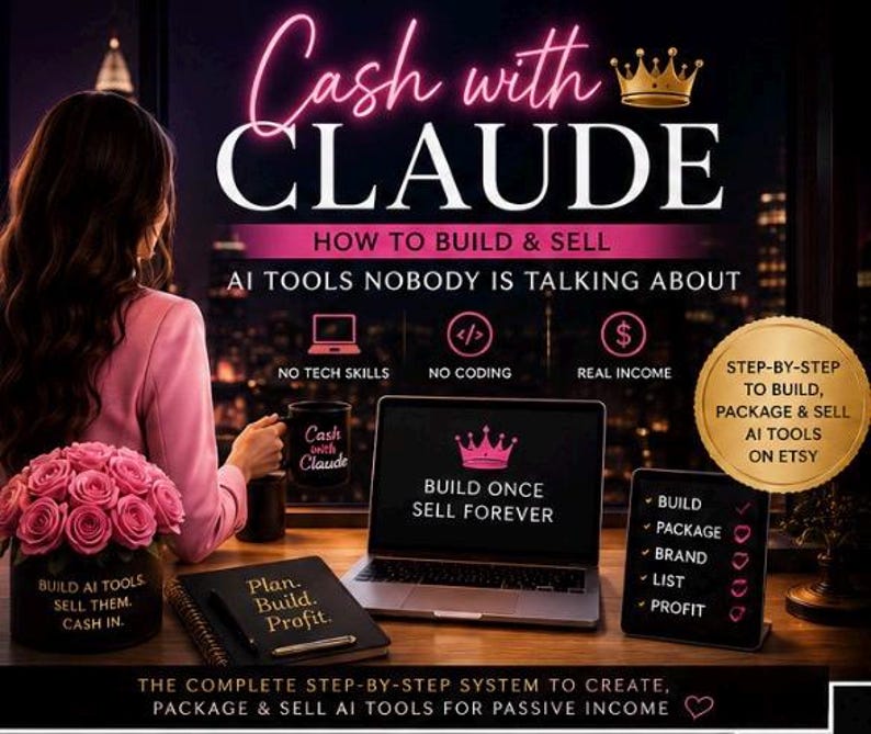 May include: A digital marketing graphic titled Cash with CLAUDE featuring a laptop displaying the text BUILD ONCE SELL FOREVER, a black notebook labelled Plan. Build. Profit., a pink rose arrangement, and a gold seal detailing a step-by-step system.