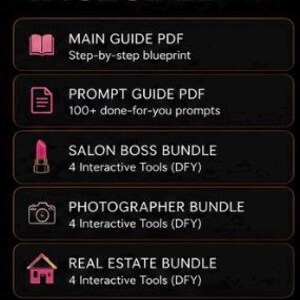 May include: A digital product list on a black background with a gold crown and pink heart. Text reads: Everything INCLUDED. Items listed: Main Guide PDF, Prompt Guide PDF, Salon Boss Bundle, Photographer Bundle, Real Estate Bundle, and Learn. Build. Package. List. Profit. Repeat.
