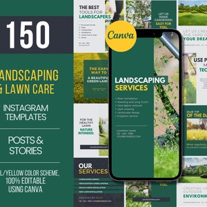 Może przedstawiać: 150 szablon&oacute;w na Instagram do post&oacute;w i historii o projektowaniu krajobrazu i pielęgnacji trawnik&oacute;w. Schemat kolor&oacute;w: turkusowy i ż&oacute;łty. 100% edytowalne w Canva. Szablony zawierają zdjęcia zielonych trawnik&oacute;w, usług projektowania krajobrazu i wskaz&oacute;wek dotyczących pielęgnacji trawnik&oacute;w.