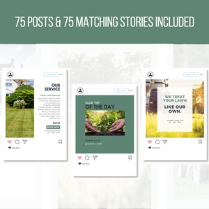 Pu&ograve; includere: Tre mock-up di post Instagram per un servizio di cura del prato. Il primo post presenta un prato verde con una casa sullo sfondo. Il secondo post presenta uno sfondo verde con il testo "Il nostro consiglio del giorno" e una foto di mani che piantano semi. Il terzo post presenta un prato verde con un tosaerba sullo sfondo e il testo "Trattiamo il tuo prato come il nostro."