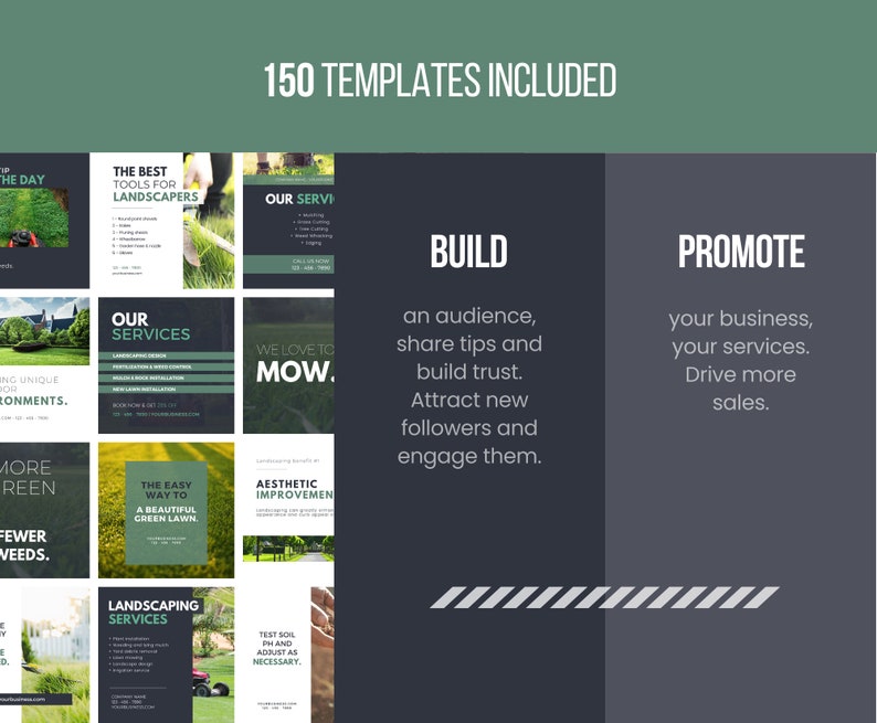 Pu&ograve; includere: Un collage di immagini che promuovono servizi di giardinaggio. Il testo "150 modelli inclusi" &egrave; in alto nell'immagine. I testi "BUILD" e "PROMOTE" sono al centro dell'immagine. Il testo "BUILD" &egrave; seguito dal testo "un pubblico, condividere suggerimenti e costruire fiducia. Attrarre nuovi follower e coinvolgerli." Il testo "PROMOTE" &egrave; seguito dal testo "la tua attivit&agrave;, i tuoi servizi. Aumenta le vendite."