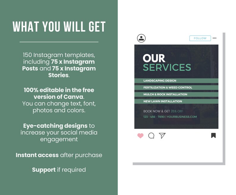 Pu&ograve; includere: Un post Instagram verde e nero che pubblicizza servizi di giardinaggio. Il testo recita "I NOSTRI SERVIZI" e elenca i servizi offerti, tra cui la progettazione del paesaggio, la fertilizzazione e il controllo delle erbacce, l'installazione di pacciamatura e rocce e la nuova installazione del prato. Il post include anche un numero di telefono e un indirizzo del sito web.