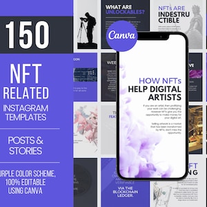 Könnte beinhalten: Eine Collage aus 150 Instagram-Vorlagen zum Thema NFTs mit einem violetten Farbschema und dem Text "WIE NFTS DIGITALEN KÜNSTLERN HELFEN". Die Vorlagen sind zu 100 % mit Canva bearbeitbar.
