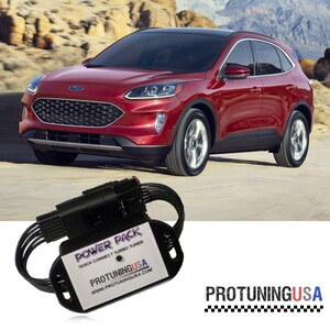 May include: A red Ford SUV is shown in front of a desert landscape. In the foreground is a black "Power Pack" turbo tuner with the text "ProTuningUSA" and "Quick Connect Turbo Tuner".