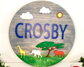 18''Safari Namensschild, Handgemaltes Afrika Safari Kinderschild, Baby Namensschild, Rundes Holz Kinderschild, Kinderzimmer Namensschild, Massivholz Schild