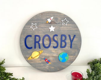 18” Space nursery sign, Rocket, stars, planet nursery sign, Custom name sign, stars, galaxy, Round Wood Nursery sign, Kids bedroom sign