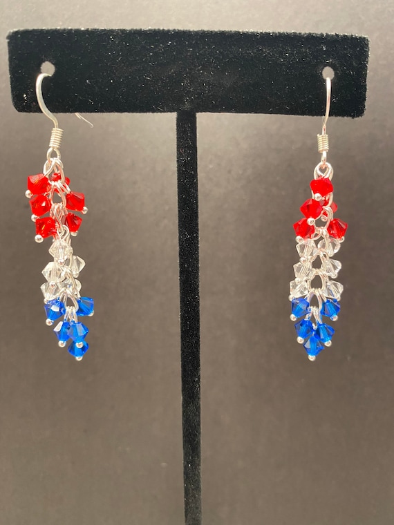 A-03 Patriotic Red White and Blue 14K gold filled Handmade Dangle Long Earrings 