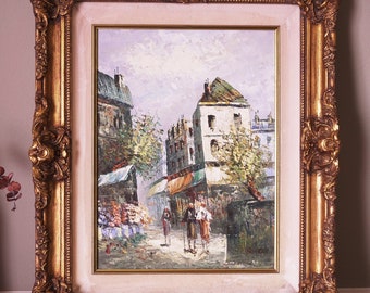 Vintage French Impressionism Paris Cityscape Oil Painting signed by Caroline Burnett.