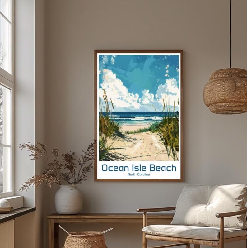 Ocean Isle Beach North Carolina Travel Poster Coastal Sunset Wall Art