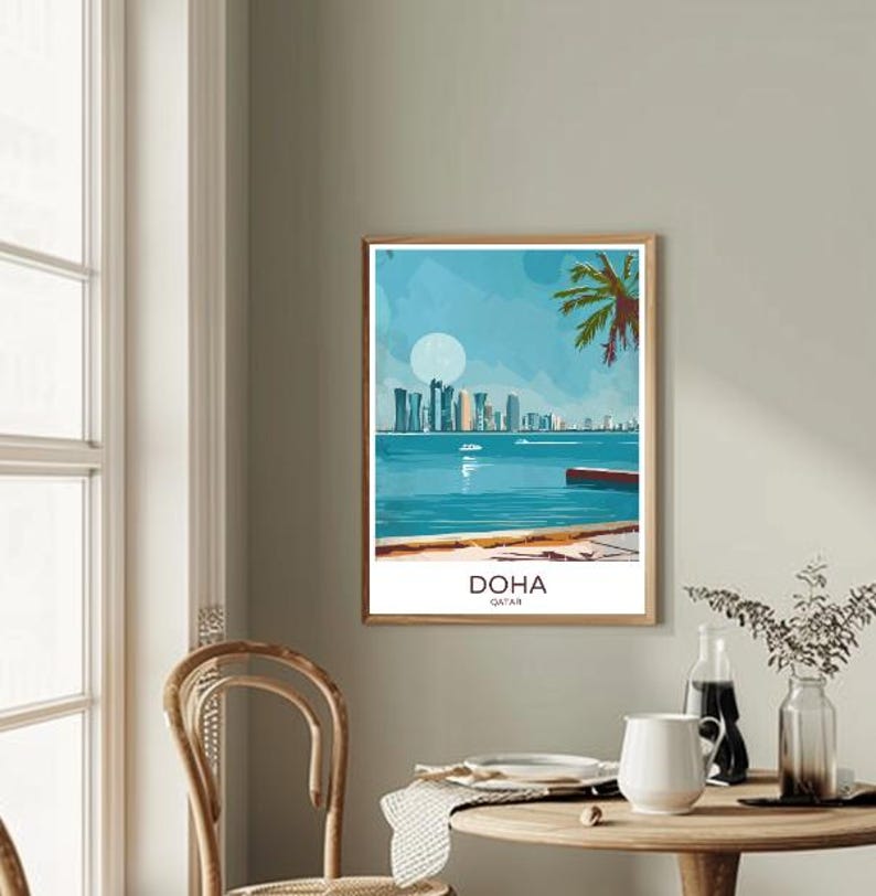 Doha Skyline Travel Poster Modern Cityscape Wall Art, Iconic Qatar