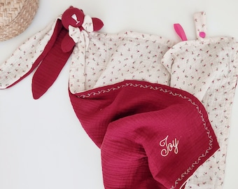 Personalized bunny comforter with large ears, embroidered with name - XXL maxi swaddle 50 cm - cotton gauze swaddle - baby gift idea for a boy or girl