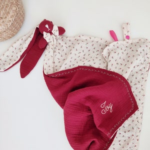 Personalized bunny comforter with big ears embroidered with first name - maxi XXL 50 cm swaddle - cotton gauze swaddle - birth gift idea for boy and girl